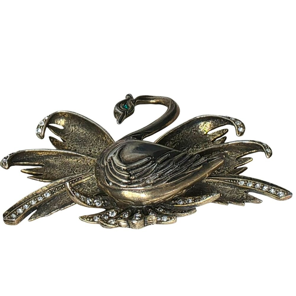 Vintage Swan Brooch Rhinestones Figural Bird Pin Mid Century Statement Gold-Tone - Picture 7 of 15